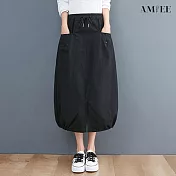 【AMIEE】鬆緊綁帶多口袋直筒長裙(2色/M-2XL/KDSQ-8229) 2XL 黑色