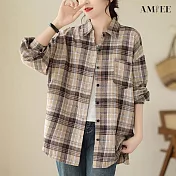 【AMIEE】時髦蘇格蘭格紋寬鬆襯衫(2色/M-2XL/KDTQ-8346) 2XL 咖格