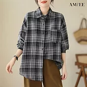 【AMIEE】時髦蘇格蘭格紋寬鬆襯衫(2色/M-2XL/KDTQ-8346) L 灰格