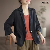 【AMIEE】輕盈棉麻七分袖西裝外套(5色/M-XL/KDCQ-1350) L 黑色