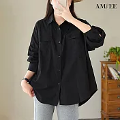 【AMIEE】率性寬版口袋襯衫外套(2色/F碼/KDTQ-6115) F 黑色
