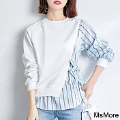 【MsMore】 假兩件條紋襯衫長袖寬鬆短版造型上衣# 118713 M 白色