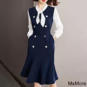 【MsMore】 高端場合系帶假2件顯瘦連身裙長袖拼色中長版洋裝# 118717 L 藍色