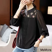 【MsMore】 時尚黑色長袖氣質蕾絲衫鏤空寬鬆短版上衣# 119118 2XL 黑色