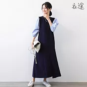 [衣途]優雅泡泡袖造型連衣裙洋裝M-L(KDDQ-B420) L 藍白條