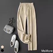 【MsMore】 抽繩鬆緊高腰休閒直筒褲薄款小個子顯瘦長褲# 119237 M 香檳金色