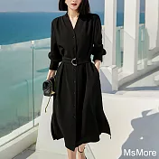 【MsMore】 經典日本面料伯爵襯衫式V領收腰顯瘦小黑裙絲質長袖連身裙中長版洋裝# 119260 XL 黑色