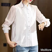 【MsMore】 時尚氣質淑女花邊襯衫長袖立領短版白色上衣# 119309 2XL 白色