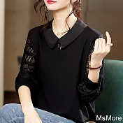 【MsMore】 黑色薄款設計感拼接蕾絲長袖上衣減齡寬鬆短版# 119310 2XL 黑色