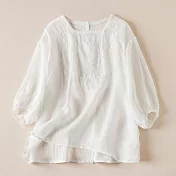 【ACheter】 五分袖上衣刺繡寬鬆文藝復古棉麻感圓領短版上衣# 119364 M 白色