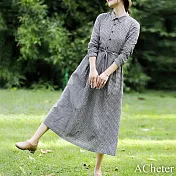 【ACheter】 復古文藝格子棉麻連身裙收腰顯瘦長袖襯衫長版洋裝# 119374 2XL 黑白色