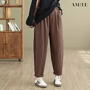 【AMIEE】斜紋復古寬鬆鬆緊哈倫褲(2色/M-2XL/KDPQ-9029) L 咖色