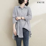 【AMIEE】線條側開衩設計感襯衫(2色/M-2XL/KDTQ-6202) L 黑色條紋