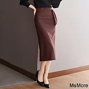 【MsMore】 職場幹練開叉飄帶高腰中長版美人包臀半身裙# 118720 M 棕色