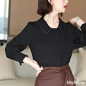 【MsMore】 高顏知性優雅鏈珠翻領雙排扣黑色長袖襯衫短版上衣# 118763 XL 黑色