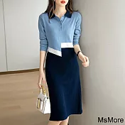 【MsMore】 法式氣質收腰小個子針織長袖連身裙中長版修身洋裝# 118902 FREE 藍色