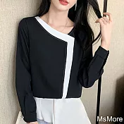 【MsMore】 雪紡襯衫設計感長袖V領拼接寬鬆短版上衣# 118941 XL 黑色