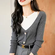 【MsMore】 時髦假兩件疊穿層次感修身長袖顯瘦羊毛感針織衫短版上衣# 119450 FREE 灰色