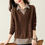 【MsMore】 假兩件拼接設計感上衣漂亮長袖百搭襯衫短版# 119471 FREE 咖色