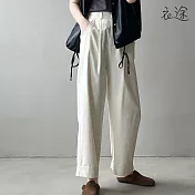 [衣途]天絲棉高腰俐落捲邊直筒褲M-L(KDPQ-B021) L 米白色
