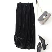 【MsMore】 鬆緊腰顯瘦金絲絨半身裙高級感復古寬鬆A字長裙# 119247 L 黑色