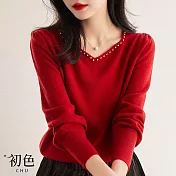 【初色】心型領純色針織毛衣衫上衣-共3色-65734(F可選) F 紅色