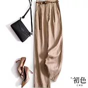 【初色】棉麻風高腰直筒休閒長褲寬褲-共2色-30686(M-2XL可選) M 卡其色