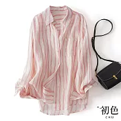 【初色】薄款寬鬆條紋翻領落肩長袖長版襯衫女上衣-粉色-30337(M-2XL可選) M 粉色
