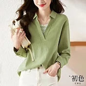 【初色】半開領條紋寬鬆長袖POLO襯衫上衣-綠色-30379(M-2XL可選) M 綠色