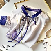 【初色】緞面雪紡水彩風花朵印花蝴蝶結圓領連肩長袖中大碼女襯衫上衣-白紫色-30338(M-2XL可選) M 白紫色