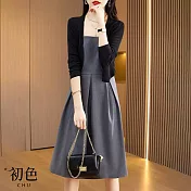 【初色】小香風素色短版長袖外套+吊帶高腰半身裙連身裙洋裝套裝-共3色-30389(M-2XL可選) 2XL 灰色