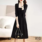 【初色】小香風素色短版長袖外套+吊帶高腰半身裙連身裙洋裝套裝-共3色-30389(M-2XL可選) 2XL 黑色