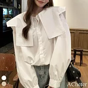 【ACheter】 時髦個性大翻領娃娃衫寬鬆慵懶長袖甜美襯衫短版上衣# 119019 M 白色