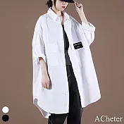 【ACheter】 大碼襯衫韓版寬鬆文藝字母貼標雙口袋長版外罩上衣# 119024 FREE 白色