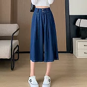 【MsMore】 牛仔褲天絲感高腰雙扣七八分闊腿大襬裙褲# 119354 M 深藍色