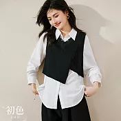 【初色】純色不對稱設計背心+寬鬆翻領長袖襯衫上衣套裝-共2色-30532(M-2XL可選) M 黑色