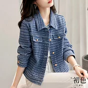 【初色】襯衫領撞色拼接編織肌理短版顯瘦夾克外套-藍色-30528(M-2XL可選) M 藍色