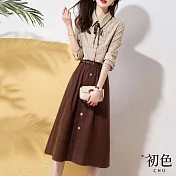 【初色】復古格子格紋翻領蝴蝶結綁帶長袖襯衫上衣+高腰顯瘦中長裙半身裙套裝-咖色-30498(M-2XL可選) M 咖色