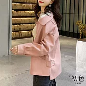 【初色】素色寬鬆休閒翻領排釦長袖夾克短款風衣外套-共3色-30511(M-XL可選) M 粉紅色