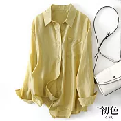 【初色】輕薄透氣寬鬆薄天絲休閒素色翻領排扣單口袋空調防曬長袖襯衫上衣-共4色-30607(M-2XL可選) L 黃色