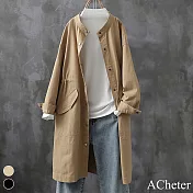 【ACheter】 復古長版立領收腰風衣長袖休閒顯瘦純棉洗水圓領外套# 119601 M 卡其色
