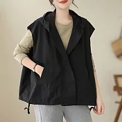 【ACheter】 韓版寬鬆大碼純棉馬夾外套無袖連帽外搭上衣# 119617 2XL 黑色
