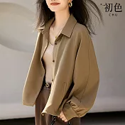 【初色】秋季翻領素色寬鬆襯衫長袖上衣-棕色-30438(M-2XL可選) XL 棕色