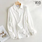 【初色】純色簡約通勤休閒寬鬆百搭翻領長袖襯衫上衣-白色-30475(M-2XL可選) 2XL 白色