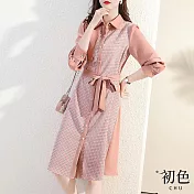 【初色】撞色拼接收腰顯瘦休閒百搭中長款翻領長袖A字裙洋裝-粉色-30663(M-2XL可選) M 粉色
