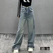 【Jilli~ko】高腰毛邊設計復古直筒拖地牛仔褲 M-2XL J11034  XL 藍色
