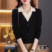 【Jilli~ko】假兩件翻領假扣造型長袖針織衫 J11002  FREE 黑色