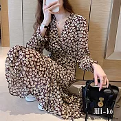 【Jilli~ko】美拉德碎花V領高腰長袖桔梗連衣裙 J11064  FREE 咖色