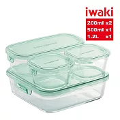 【iwaki】日本品牌耐熱玻璃保鮮盒四入組(200ml*2+500ml+1.2L/保鮮/備料/烤模/便當盒)綠色(原廠總代理)