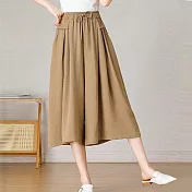 【AnZa】高彈冰絲皺顯瘦寬鬆裙褲闊腿褲(4色) M-L 卡其